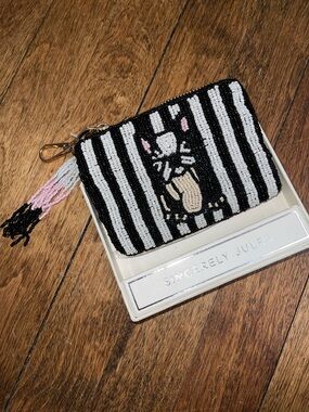 NEW Beaded bull Dog Stripe Coin Purse - Black & White with Pink Accent